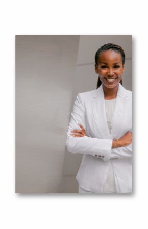 Smiling cheerful headshot portrait of an african businesswoman, corporate executive, business career professional in swanky stylish suit