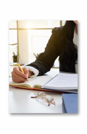 Justice and law concept. Gavel on sounding block in hand's Male judge at a courtroom, working with document law books, report the case on table in modern office.