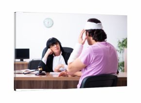 Disabled man consulting judge for damages litigation
