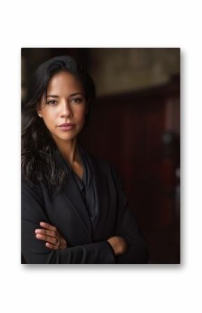 Professional portrait of a dark-skinned Hispanic female lawyer