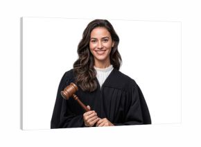 Confident female judge in black robe holding a wooden gavel, isolated on transparent background