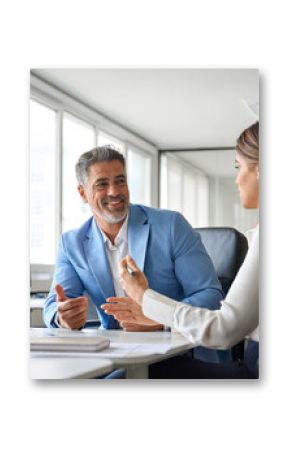 Two older executives team business people man and woman working at office corporate meeting. Happy mature business woman professional bank manager lawyer consulting client on finances management
