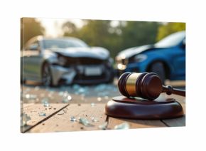 Gavel on wooden table with broken glass near damaged vehicles after traffic collision. Scene symbolizes legal proceedings, court, justice, insurance claims, crash. Serious car accident.