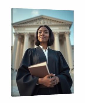 A black woman in a barrister's robe holds a law book while standing in front of a courthouse with tall columns. The sky is clear, and the building looks grand and official