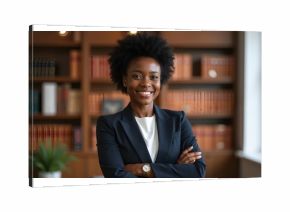 Arms crossed, lawyer or portrait of happy black woman with smile or confidence working in a law firm. Confidence, empowerment or proud African attorney with leadership or vision for legal agency