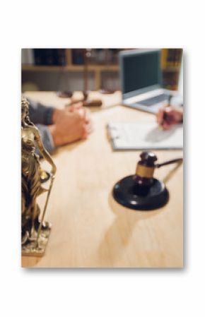 Businessmen consult with lawyers, submit additional documents, and pay for lawyers' services. After reaching an agreement and signing the contract, the two shake hands. Concept, Justice, and Lawyers
