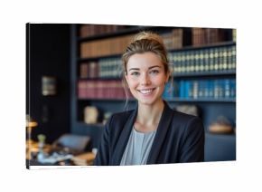 female corporate lawyer smiling into the camera in a high-end law office, wearing elegant business attire, bookshelf and legal documents in the background, 16:9