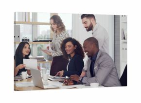 Laptop, teamwork and discussion with business people in office for court case, lawyer and evidence review. Attorney report, settlement documents and planning with employees in law firm for trial memo