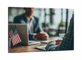 Lawyer Advising Client on Immigration in Modern Office with U.S. Flag and Laptop