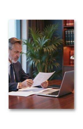 A lawyer in a formal suit reviewing legal papers in a modern office setting with shelves of law books in the background.