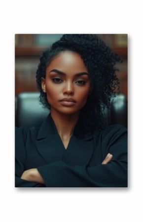 Black female lawyer wearing a black robe sitting on table