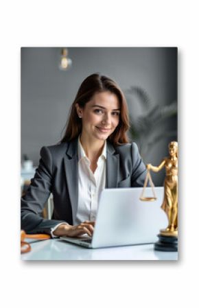 A confident female lawyer working on her laptop, smiling at the camera with a golden Lady Justice statue beside her. Perfect for legal services, law firm promotions, and professional branding