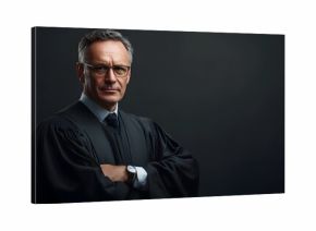 Closeup portrait of a stern faced mature male judge dressed in formal black judicial robes