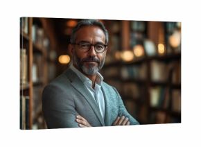 Business man, portrait and library with mockup space confidence and our vision in office. Professional, CEO and corporate attorney at a law firm with executive by legal books at lawyer company