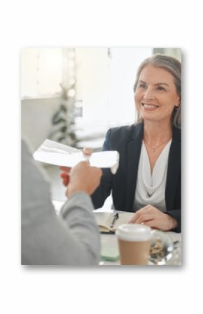 Business meeting, lawyer and mature woman, contract and explanation of policy, legal advice and law firm. Happy, entrepreneur and client with paperwork, attorney and planning for trademark in office