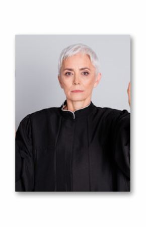 Photo of woman judge hold gavel show stop bribe corruption sign isolated grey color background