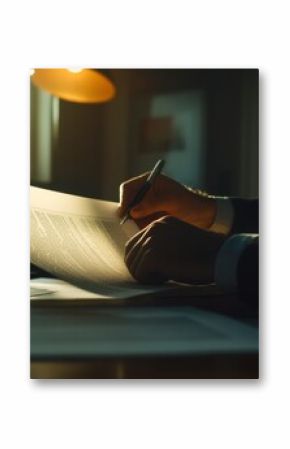 Late Night Deal Closing: A businessman meticulously reviews and signs important legal documents in a dimly lit office, illuminated by a warm desk lamp.  The scene conveys seriousness, focus.