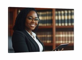 Happy Black Female Lawyer Smiling While Holding a Tablet in Office