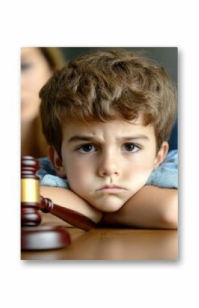 Cute child and mother at table with gavel of judge blurred in background, family law concept