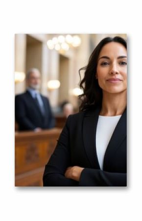 A confident female attorney stands with her arms crossed in the courtroom, emanating authority and professionalism as she prepares to advocate for her clients with passion.