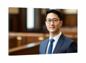 Asian Male Attorney In An Empty Courtroom