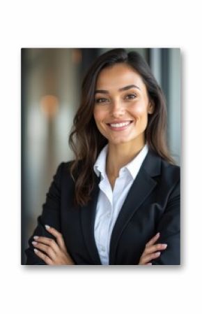 Woman in a business suit is smiling and posing for a photo
