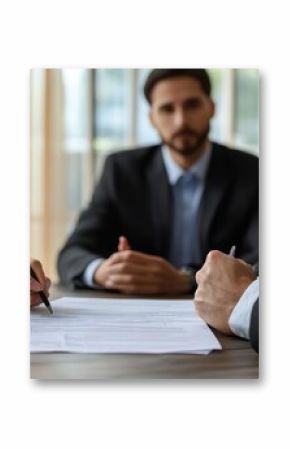 A family lawyer calmly explains divorce paperwork to a client in a private meeting. The atmosphere reflects empathy and professionalism, ensuring clarity for the client