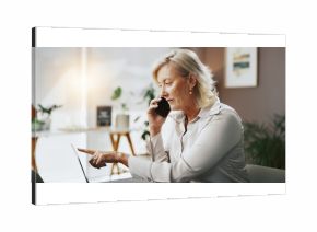 Office, businesswoman and laptop with phone call for discussion, case email and lawyer for legal aid. Career, mature person and attorney with mobile for corporate justice, point research and contact