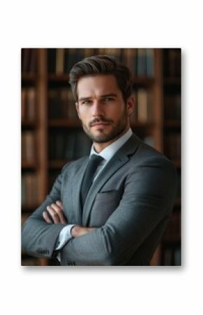 Handsome lawyer standing confidently in an elegant library setting during a sunny afternoon