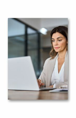 Busy professional business woman company leader of middle age looking at computer working on corporate data, mature female executive financial manager in her 40s using laptop sitting at office desk.