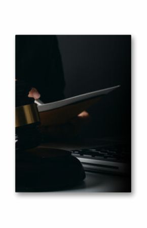 Business and lawyers discussing contract papers with brass scale on desk in office. Law, legal services, advice, justice and law concept picture with film grain effect