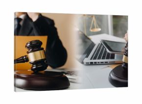 Business and lawyers discussing contract papers with brass scale on desk in office. Law, legal services, advice, justice and law concept picture with film grain effect