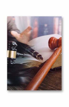 Business and lawyers discussing contract papers with brass scale on desk in office. Law, legal services, advice, justice and law concept picture with film grain effect