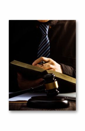 justice and law concept.Male judge in a courtroom on wooden table and Counselor or Male lawyer working in office. Legal law, advice and justice concept.