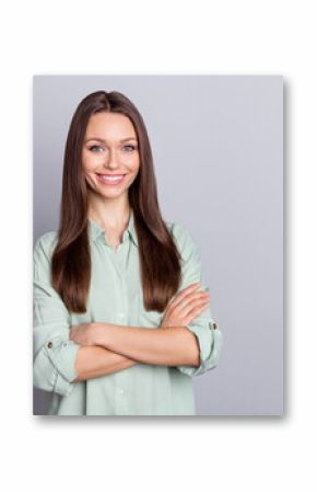 Photo of lovely brunette lady boss crossed arms wear blue blouse isolated on grey color background