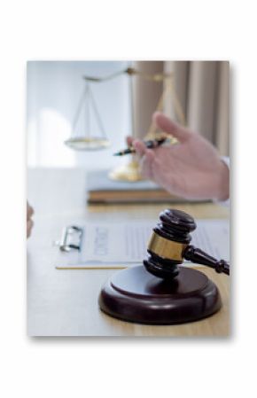 Attorney or judge provides legal advice to the client in the courtroom, Ethics in the courts include justice and impartiality, legal consultant, scales of justice, law hammer, Litigation and justice.