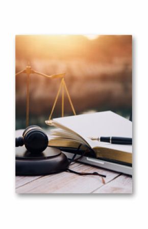 Business and lawyers discussing contract papers with brass scale on desk in office. Law, legal services, advice, justice and law concept picture with film grain effect