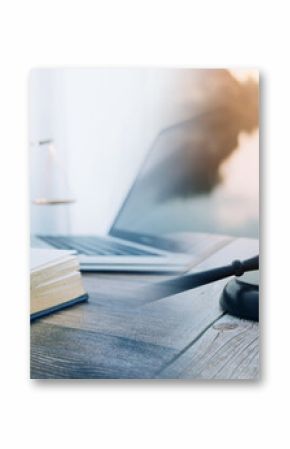 Business and lawyers discussing contract papers with brass scale on desk in office. Law, legal services, advice, justice and law concept picture with film grain effect