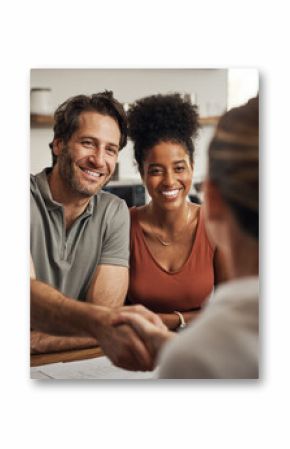 Married couple doing handshake with lawyer, legal advisor and attorney for signing property agreement, investing or sharing assets. Husband and wife thanking after consulting with law paralegal