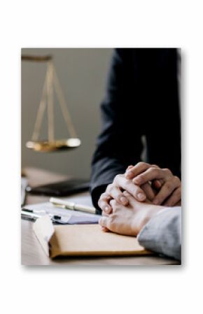 Justice and attorney concept. Lawyer meeting and consoling solution to his client provide legal advice and trust commitment strain serious for problem