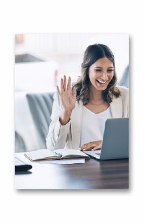 Woman, wave or video call on laptop conference, lawyer training workshop or virtual consulting appointment. Smile, happy or attorney on technology webinar and hello or greeting hands in legal office