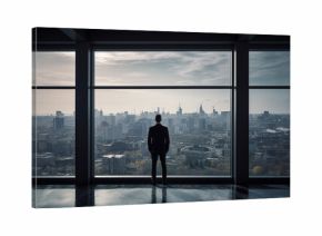 Un homme d'affaires regarde la ville depuis son bureau en étage élevé 