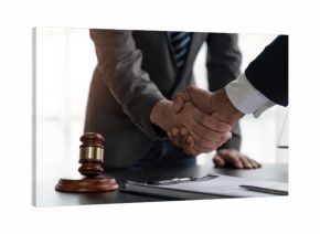 Handshake after cooperation between attorneys lawyer and clients discussing a contract agreement legal fighters, Concepts of law, advice