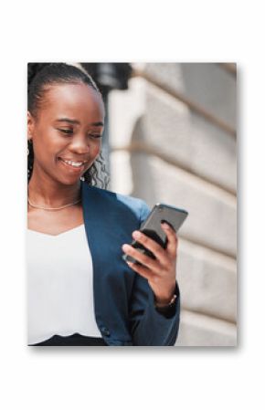 Black woman, reading and professional with cellphone in city with travel for attorney with communication. Happy, scroll and tech with business person is working on online app for success in outdoor.