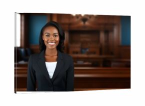 Beautiful smiling African American female lawyer with a business suit in a courthouse background, professional attorney wallpaper, Horizontal format 3:2