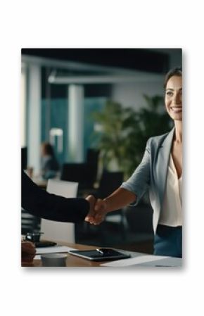 Successful Business Deal: Happy Mid-Aged Businesswoman Handshaking with Client in Office, Job Interview