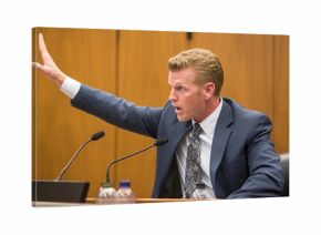 The Art of Argument: Showcase an advocate gesturing passionately during a courtroom debate, freezing a moment of legal eloquence in action