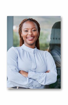 Happy, crossed arms and professional black woman at office with positive, good and confident attitude. Smile, smart and portrait of young African female attorney with law career at workplace.