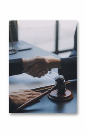 Business and lawyers discussing contract papers with brass scale on desk in office. Law, legal services, advice, justice and law concept picture with film grain effect