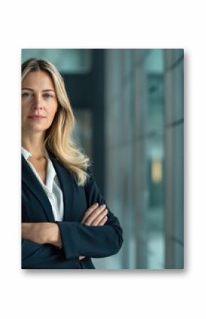 Blonde confident proud young professional business mature woman ceo, female corporate executive leader, lady lawyer wearing suit standing arms crossed in office near glass wall, portrait. 